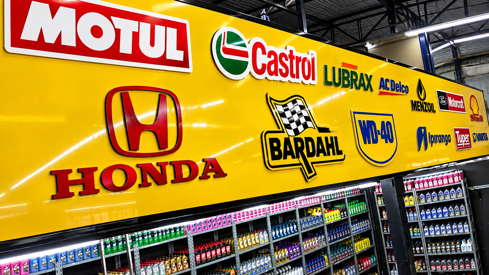 Painel com as marcas de produtos automotivos trabalhadas na loja
